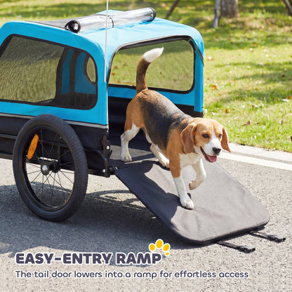 Dog Bike Trailer Support Up to 20 kg, Dog Bicycle Carrier, Easy Store Cart with Quick Release Frame, Flip-Down Ramp Tailgate, Universal Bicycle Coupler, Reflectors, Flag, Blue