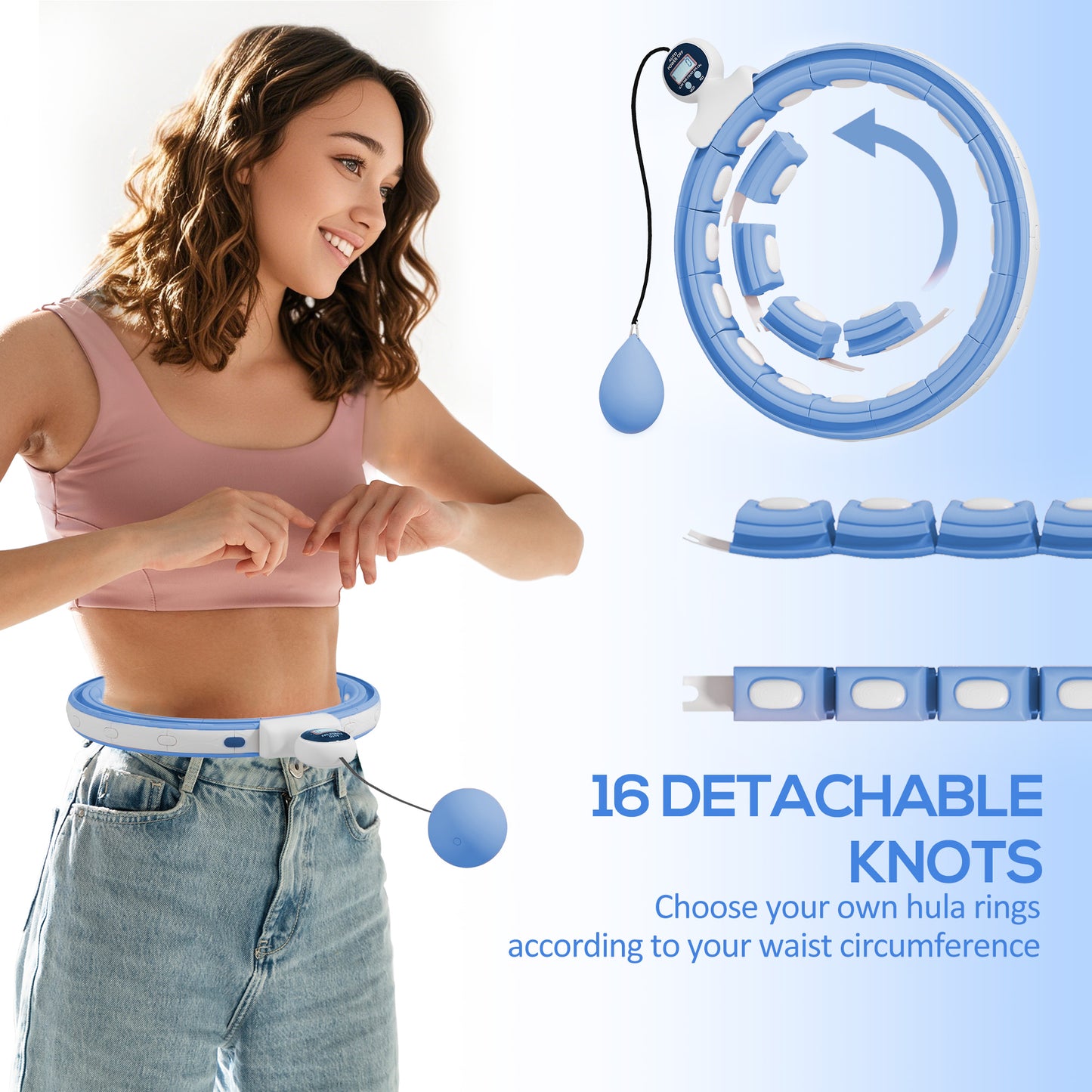 Smart Weighted Hula Hoop with 16 Detachable Knots, Light Blue