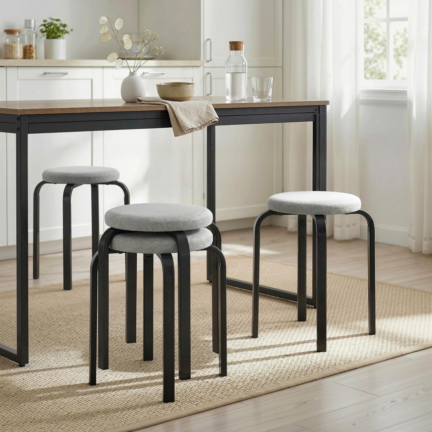 Stackable Stools Set of 4, Modern Cushioned Stacking Chairs, Round Backless Stools for Kitchen, Dining Room, Living Room, Grey