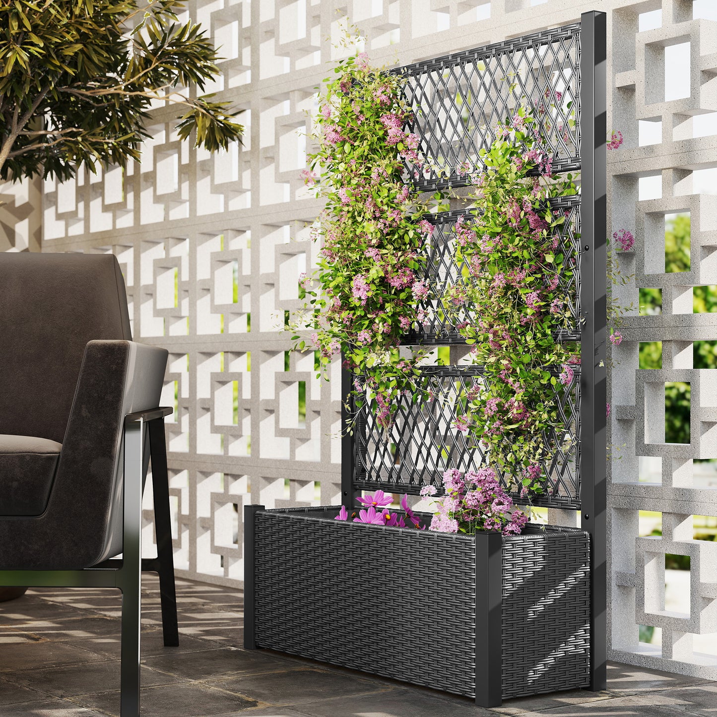 Garden Planter Box with Trellis, Rattan Raised Bed, Charcoal Grey