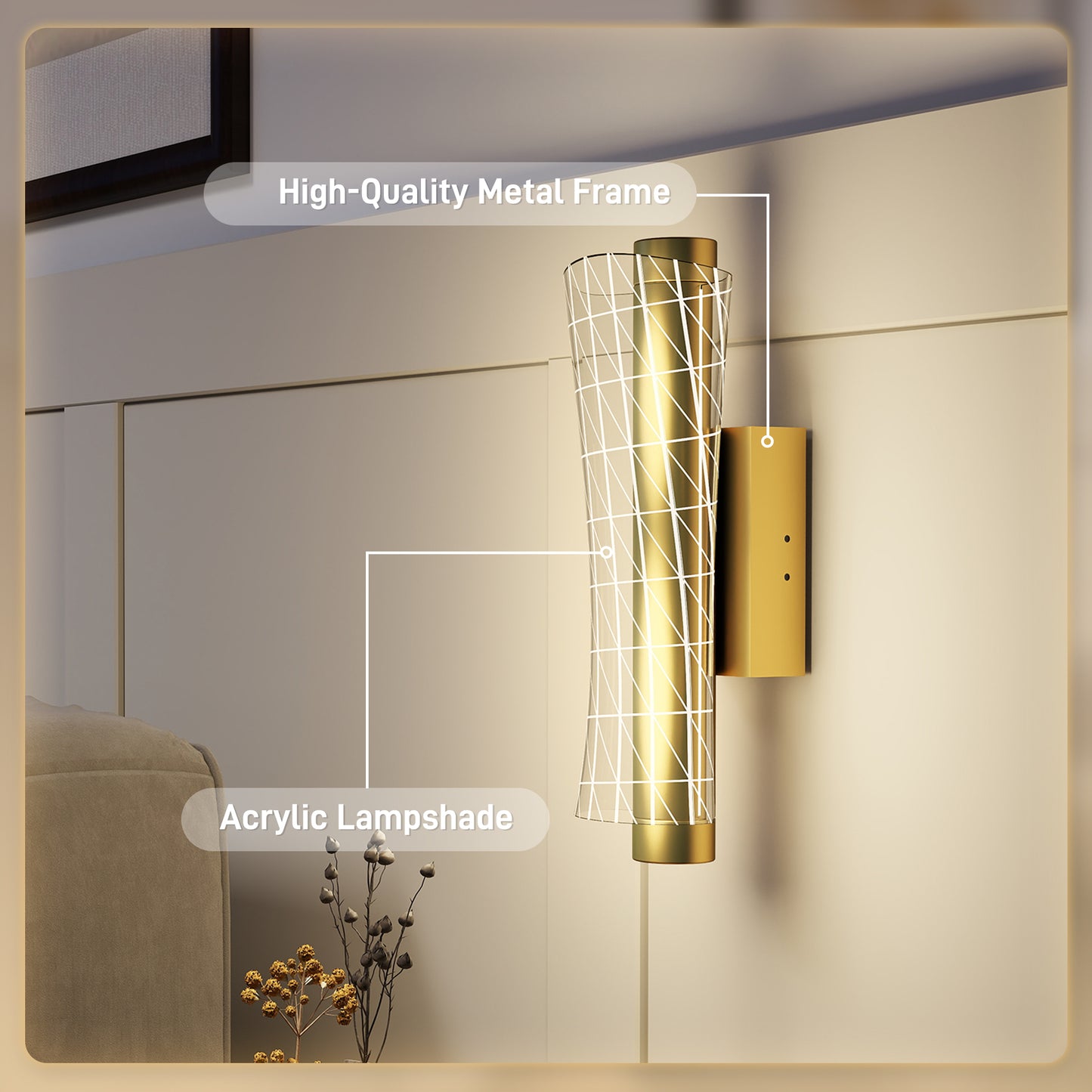 Led Wall Lamp 2 Pack, Modern Indoor Geometric Wall Light, Gold Tone