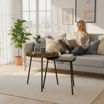 Set of 2 Nesting Side Table with Metal Frame, Rustic Brown
