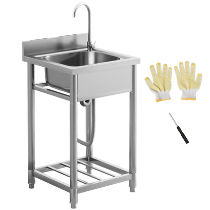 Stainless Steel Utility Sink with Cold and Hot Water Pipe Silver Tone