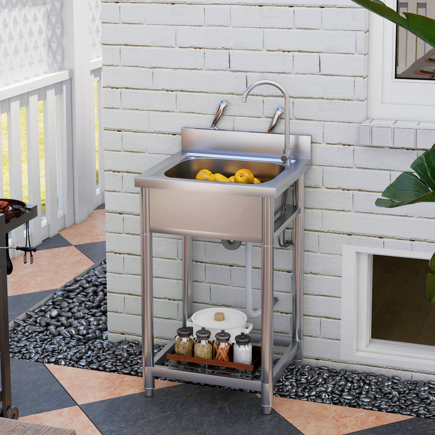 Stainless Steel Utility Sink with Cold and Hot Water Pipe Silver Tone