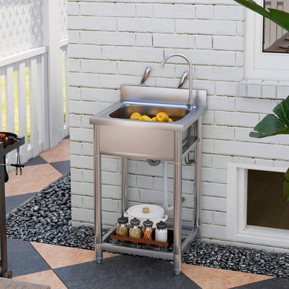 Stainless Steel Utility Sink with Cold and Hot Water Pipe Silver Tone