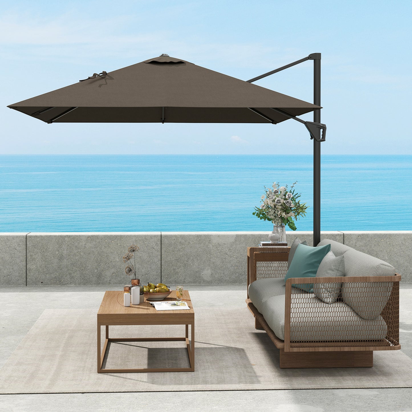 Square Cantilever Roma Parasol 360 Degree Rotation Hand Crank, Tan