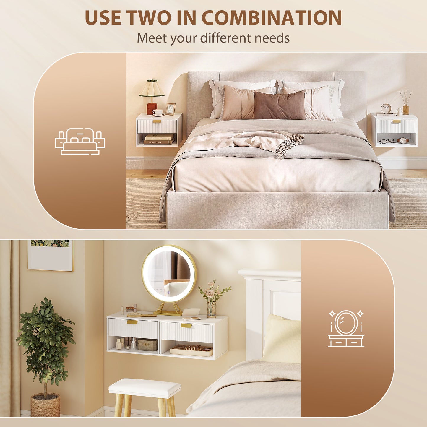 Floating Bedside Tables Set of 2 with Fluted Drawer Open Shelf White