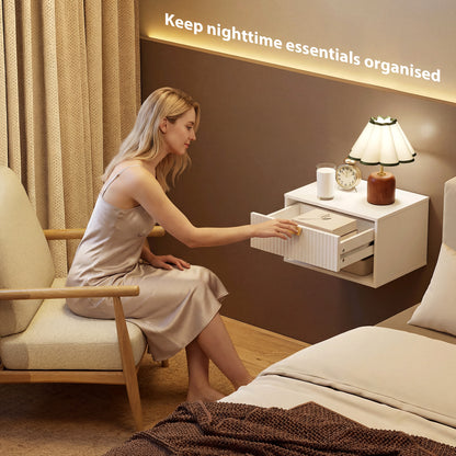 Floating Bedside Tables Set of 2 with Fluted Drawer Open Shelf White