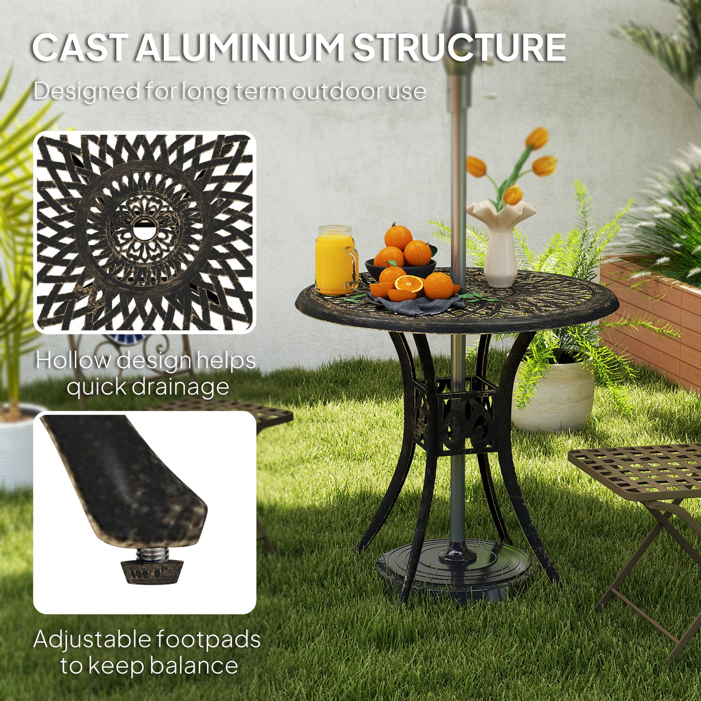 78 cm Round Garden Dining Table with Parasol Hole, Bronze Tone