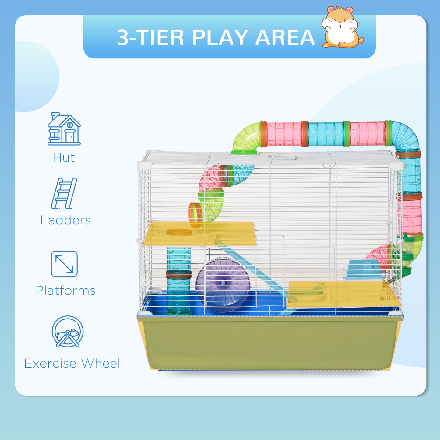 Hamster Cage with Tubes Tunnel 3 Level Rodent House with Exercise Wheel, Water Bottle, Food Dish, Ramp, Hut 59 x 36 x 47 cm- Blue