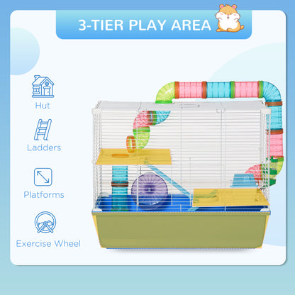 Hamster Cage with Tubes Tunnel 3 Level Rodent House with Exercise Wheel, Water Bottle, Food Dish, Ramp, Hut 59 x 36 x 47 cm- Blue