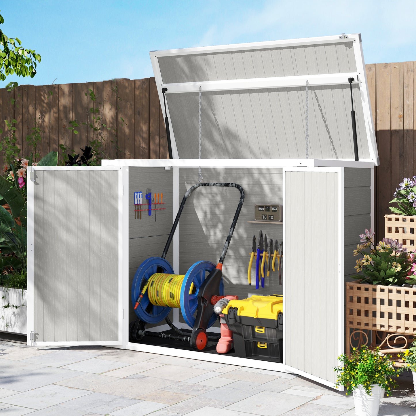 4.7 x 2.5FT Lockable Garden Shed, 2-Bin Storage Shed, Light Grey