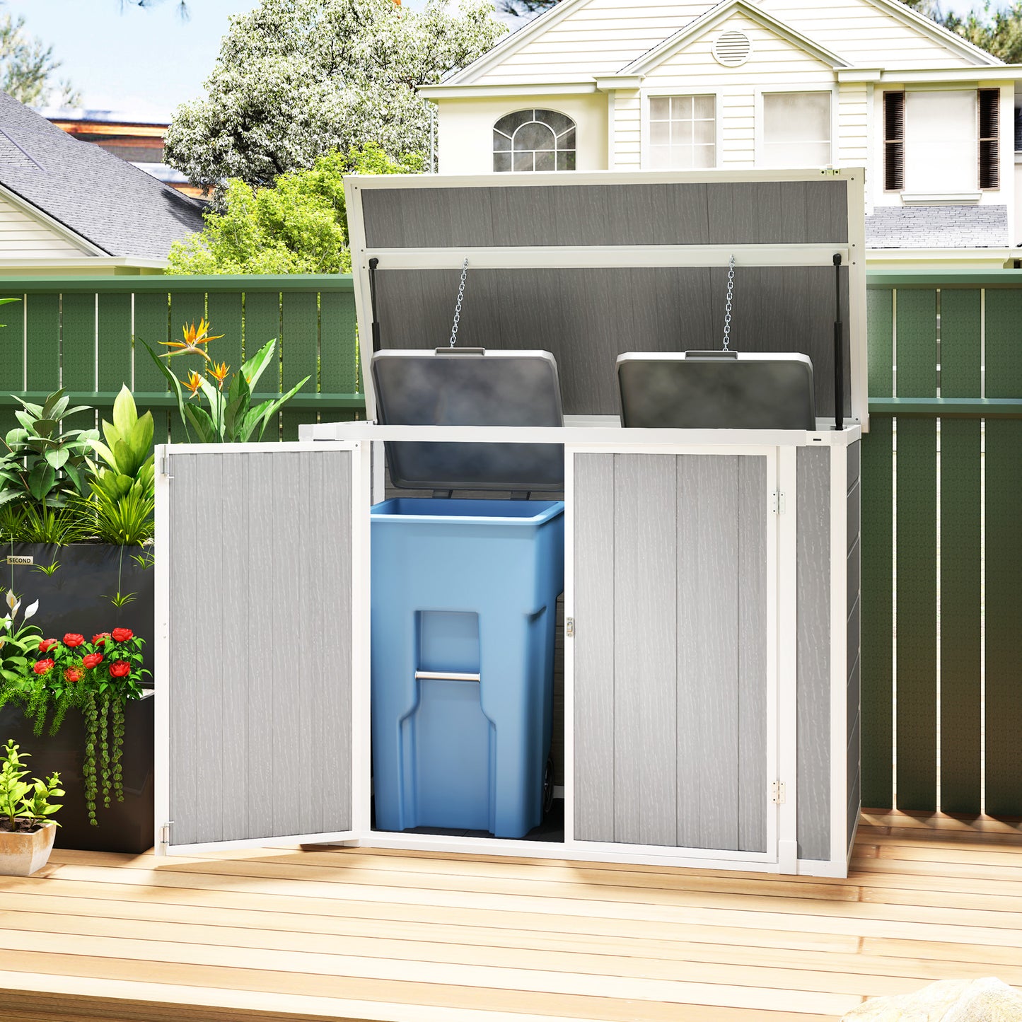 4.7 x 2.5FT Lockable Garden Shed, 2-Bin Storage Shed, Light Grey