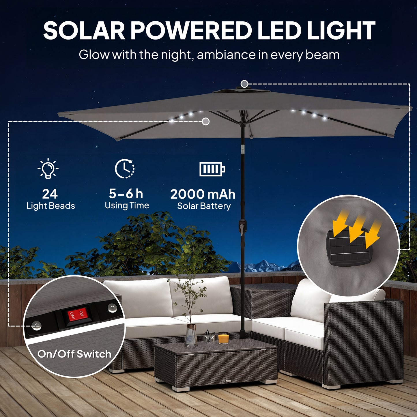 3 x 2 m Garden Parasol Umbrella with Light, Outdoor Patio Umbrella