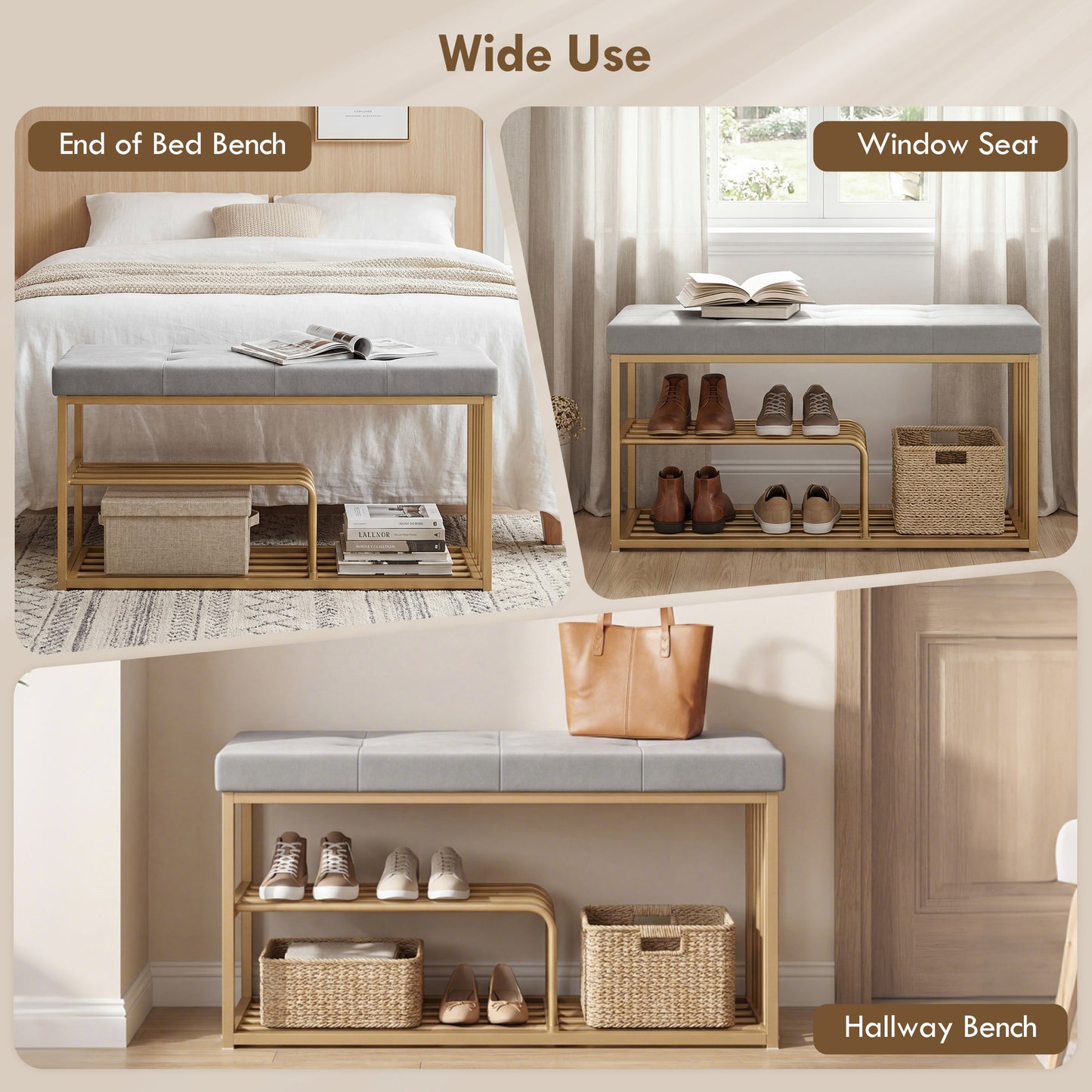 Shoe Storage Bench with Seat Cushion Tufted Shoe Rack Bench Grey
