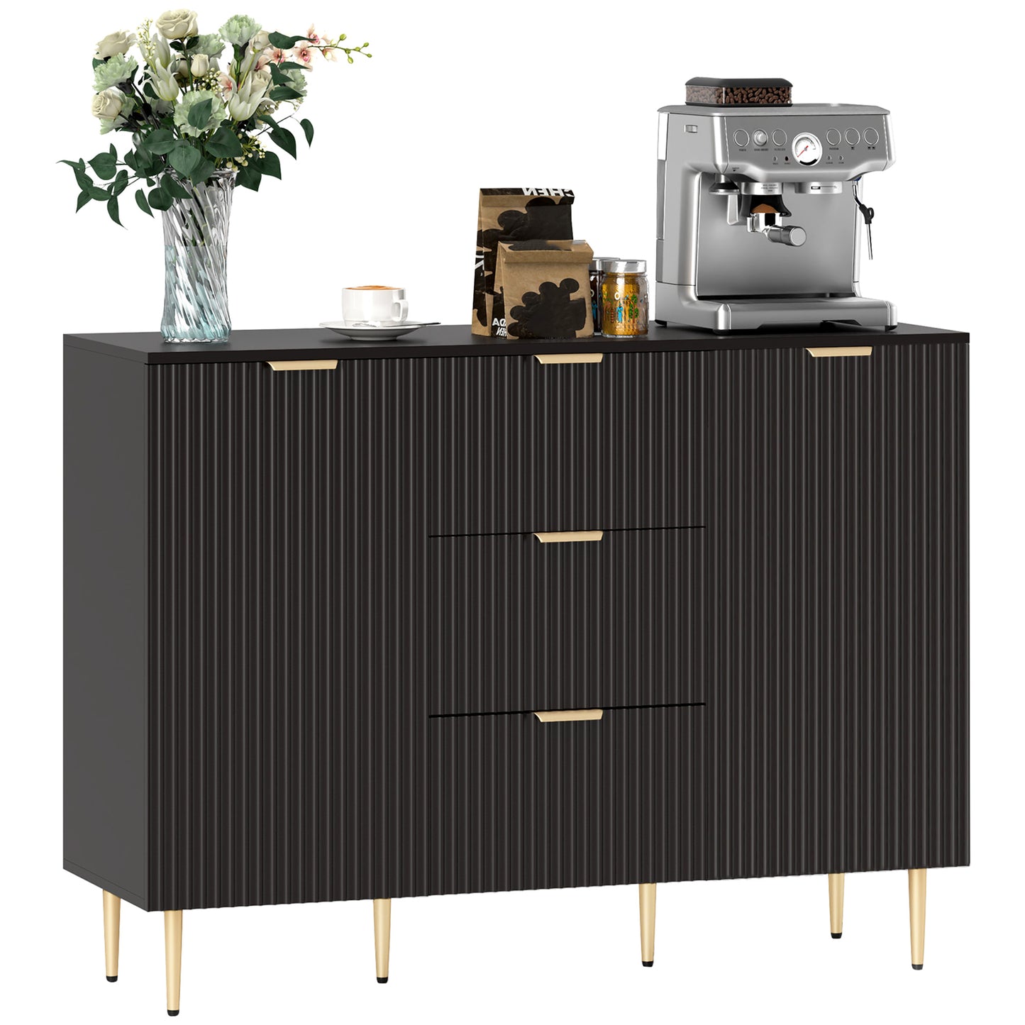 Sideboard Buffet Cabinet w/ 3 Drawers and Adjustable Shelves, Black
