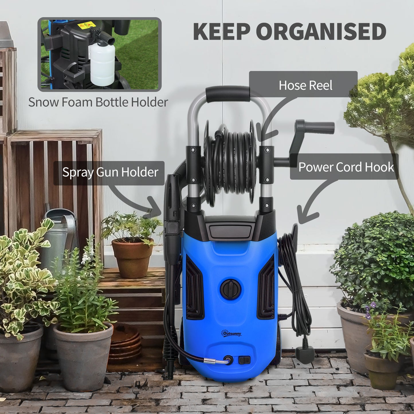 1800W Power Washer 150 Bar Pressure 6M Hose and Hose Reel, Blue