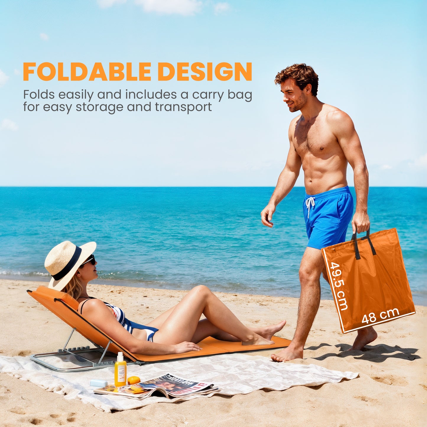 2 Pieces Outdoor Beach Mat Steel Reclining Chair Set Orange