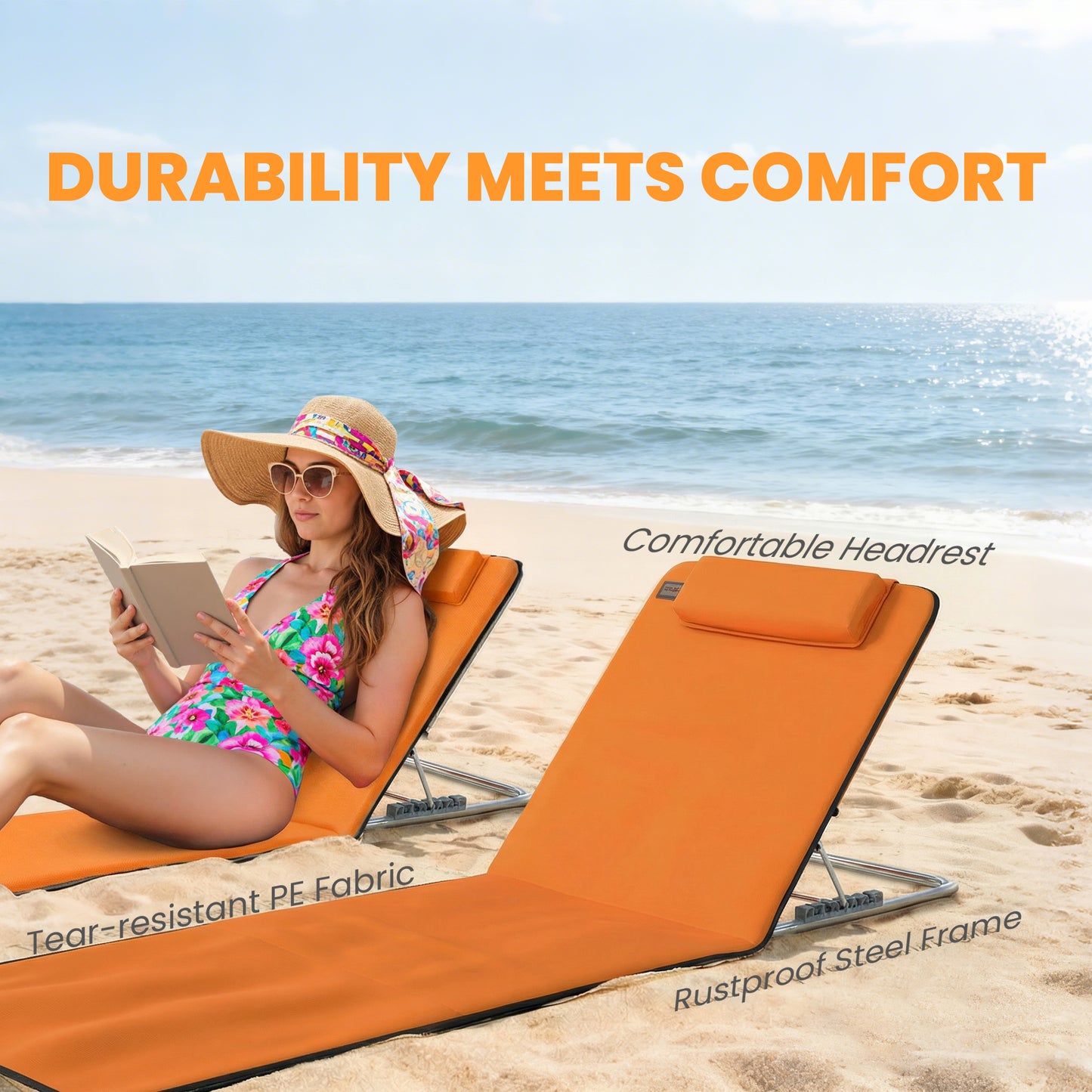 2 Pieces Outdoor Beach Mat Steel Reclining Chair Set Orange