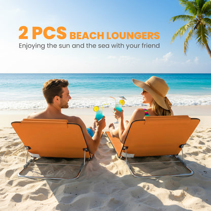 2 Pieces Outdoor Beach Mat Steel Reclining Chair Set Orange