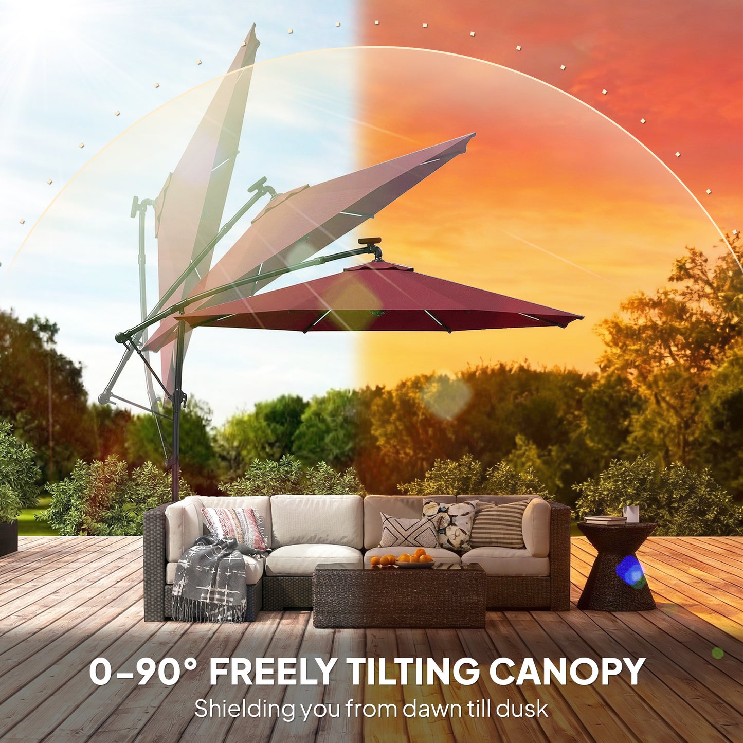 3 m Garden Cantilever Parasol with Solar Light, Rotation, Wine Red