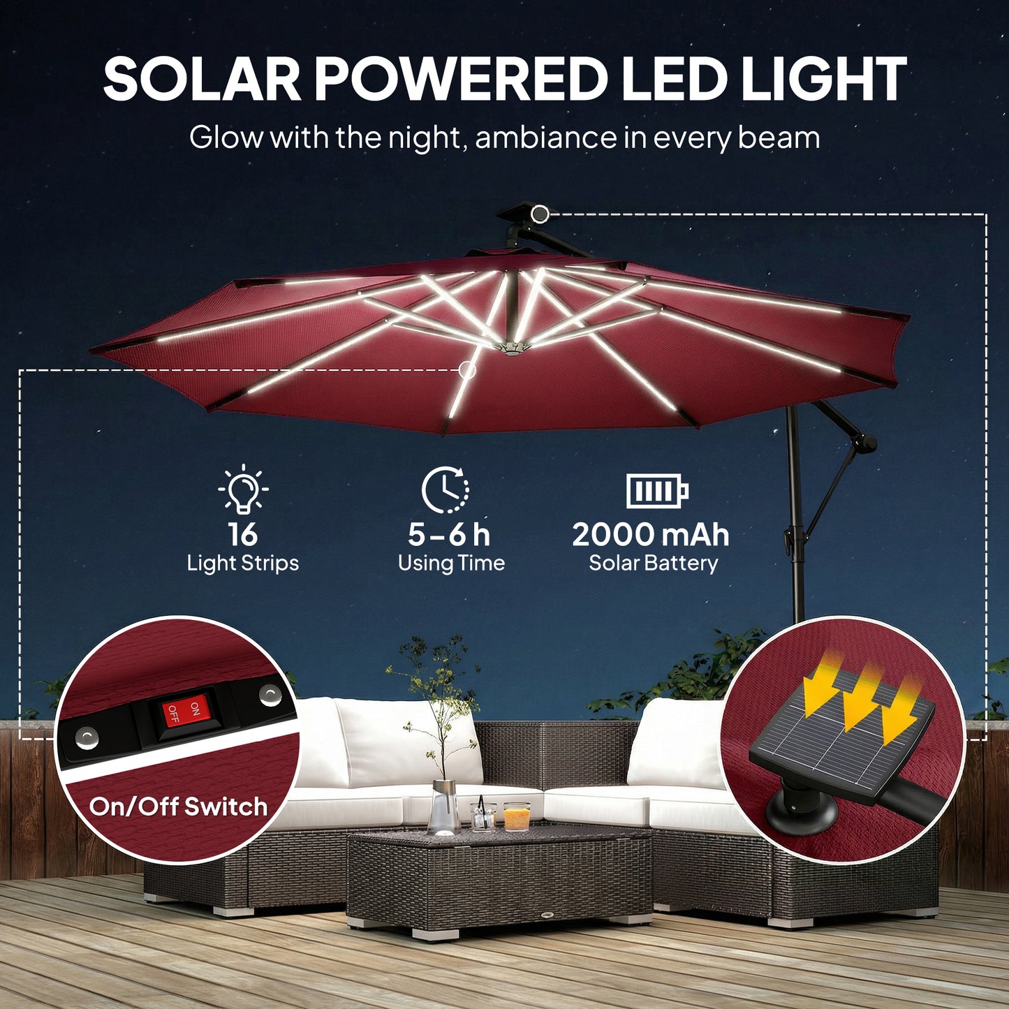 3 m Garden Cantilever Parasol with Solar Light, Rotation, Wine Red