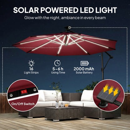 3 m Garden Cantilever Parasol with Solar Light, Rotation, Wine Red