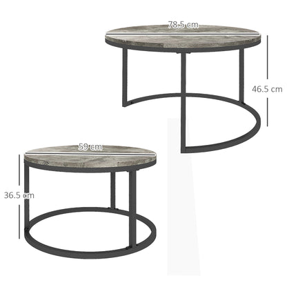 2 Pcs Stacking Coffee Table Set Steel Frame Cement-Effect Top Foot Pads
