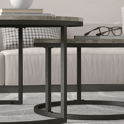 2 Pcs Stacking Coffee Table Set Steel Frame Cement-Effect Top Foot Pads