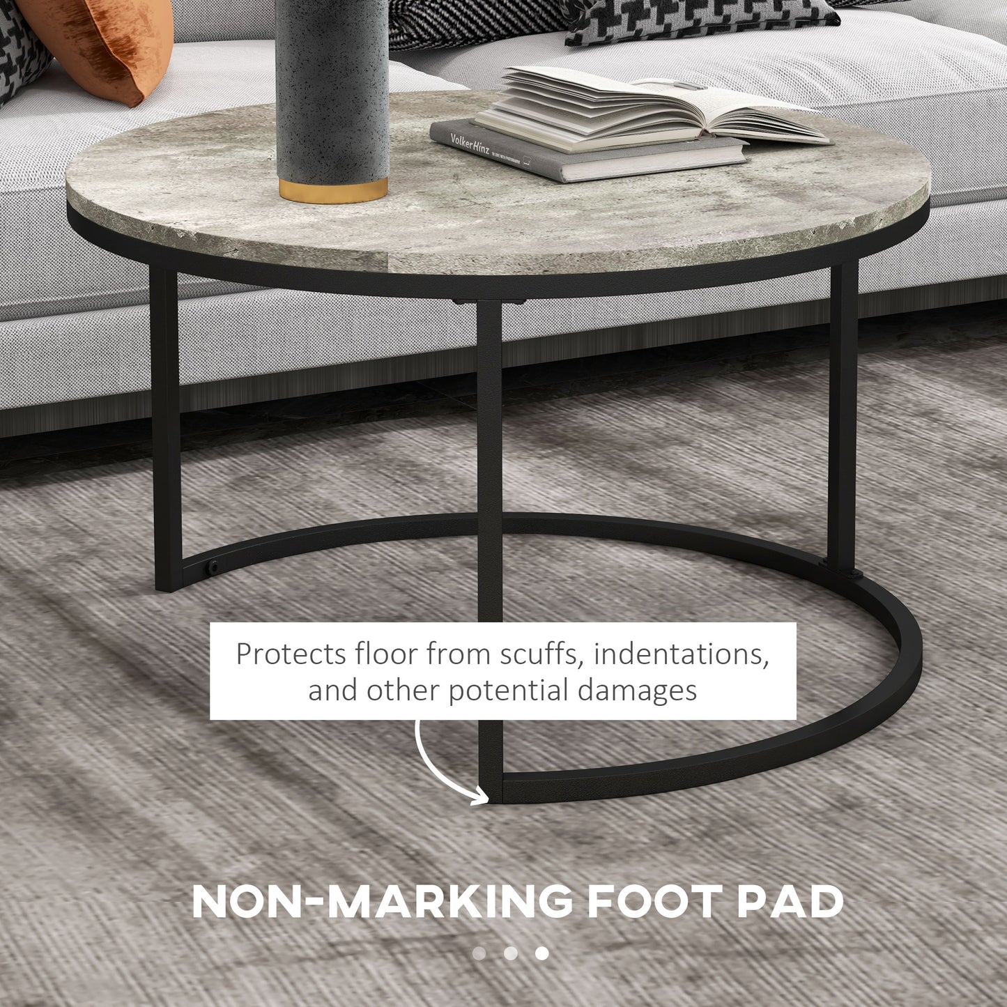 2 Pcs Stacking Coffee Table Set Steel Frame Cement-Effect Top Foot Pads