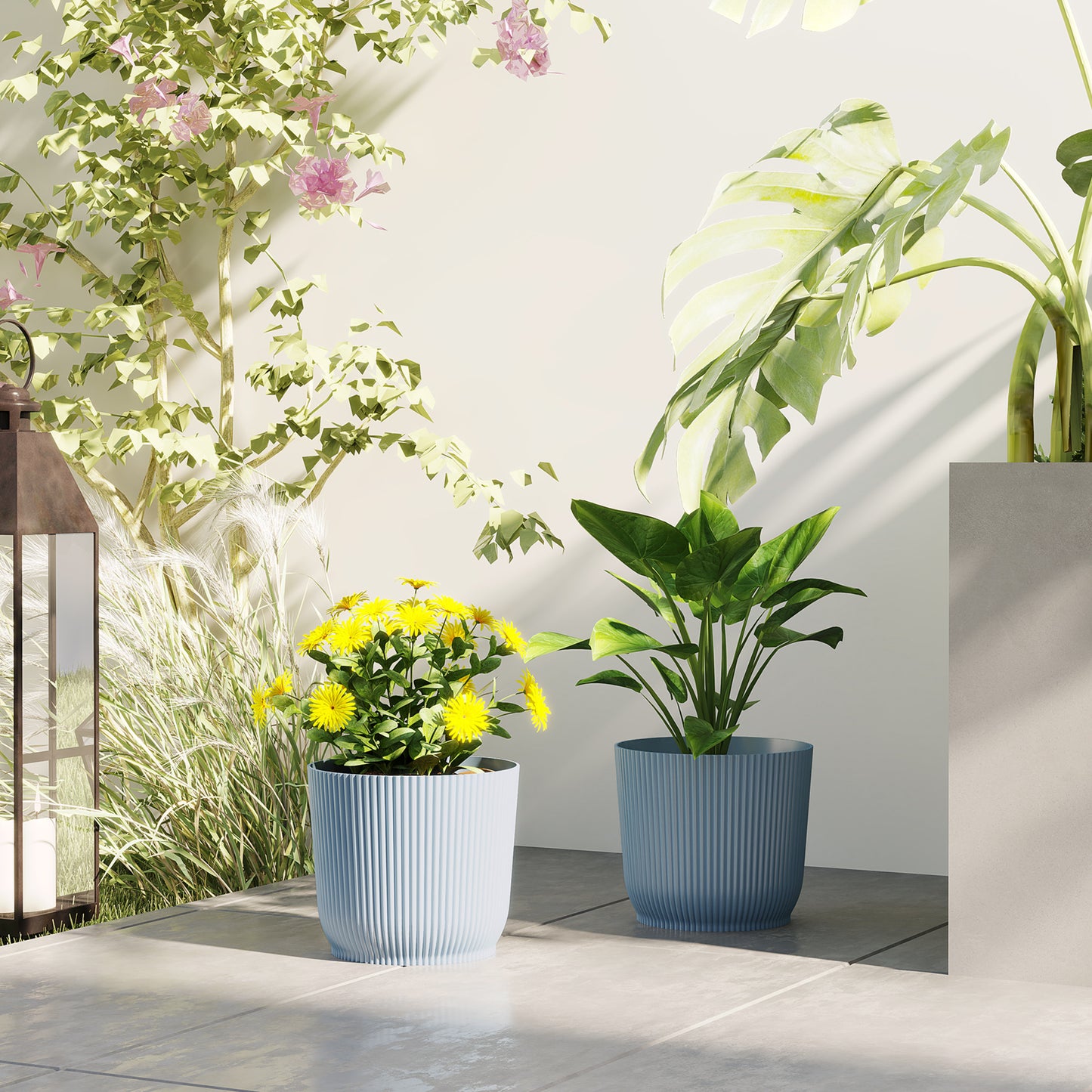 Set of 2 Round Plant Pots Outdoor 22cm for Garden Decoration, Blue