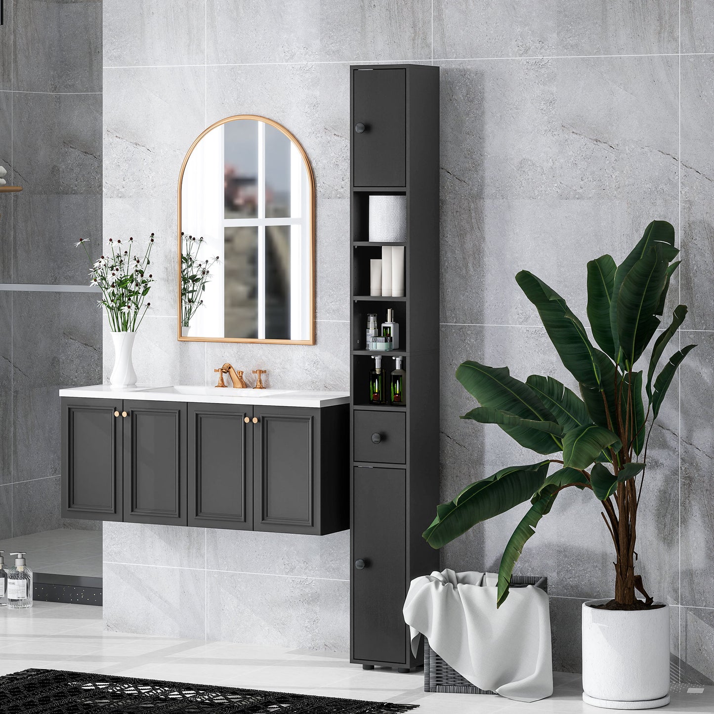 kleankin Slim Bathroom Cabinet, Toilet Roll Storage w/ Open Shelves, Black