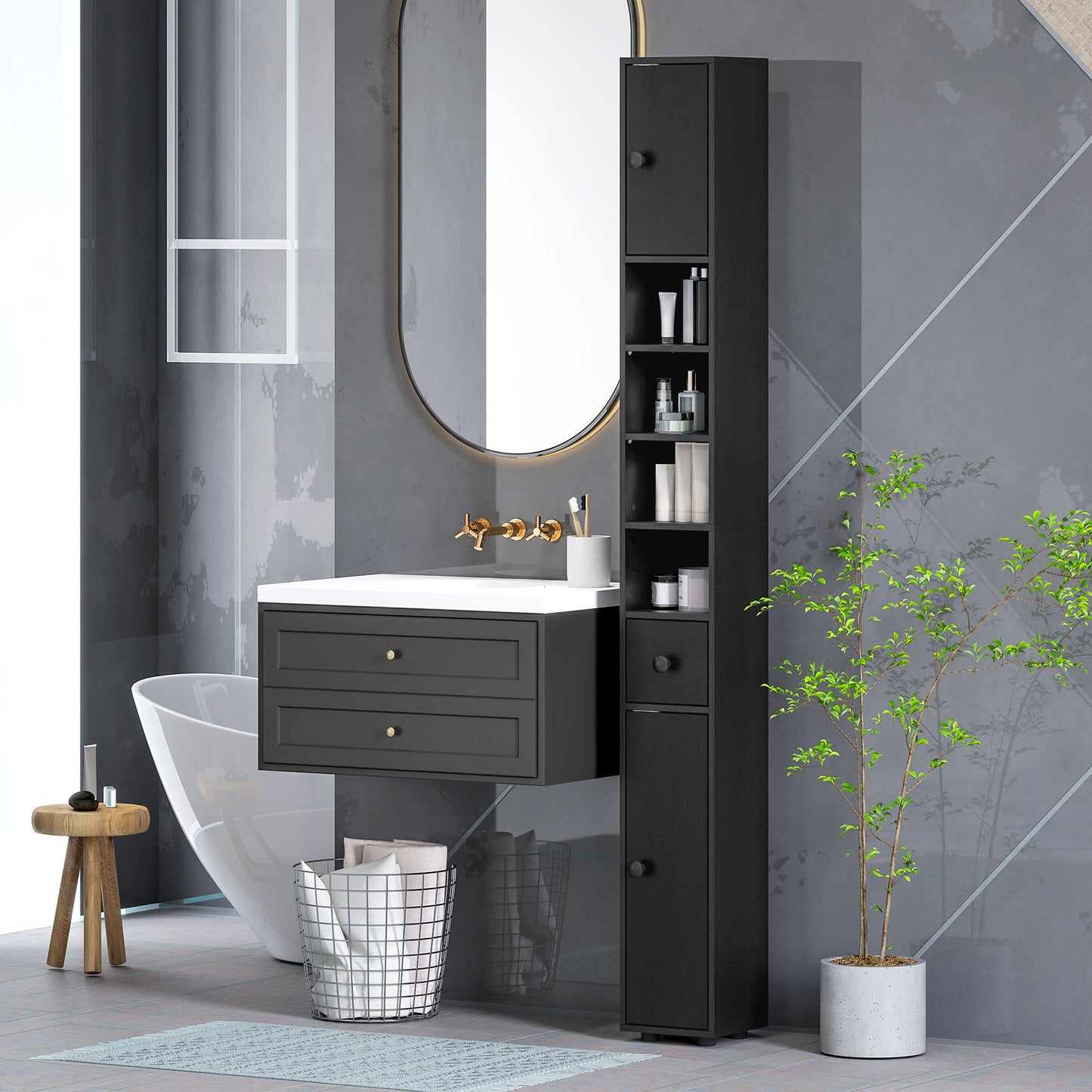 kleankin Slim Bathroom Cabinet, Toilet Roll Storage w/ Open Shelves, Black