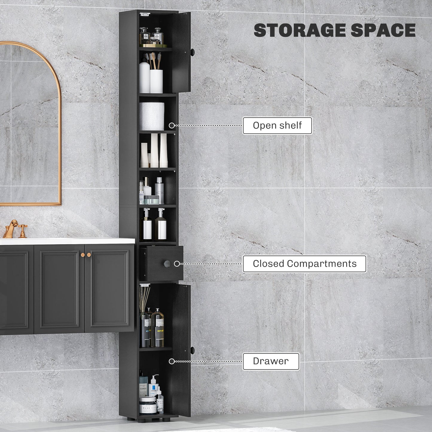 kleankin Slim Bathroom Cabinet, Toilet Roll Storage w/ Open Shelves, Black