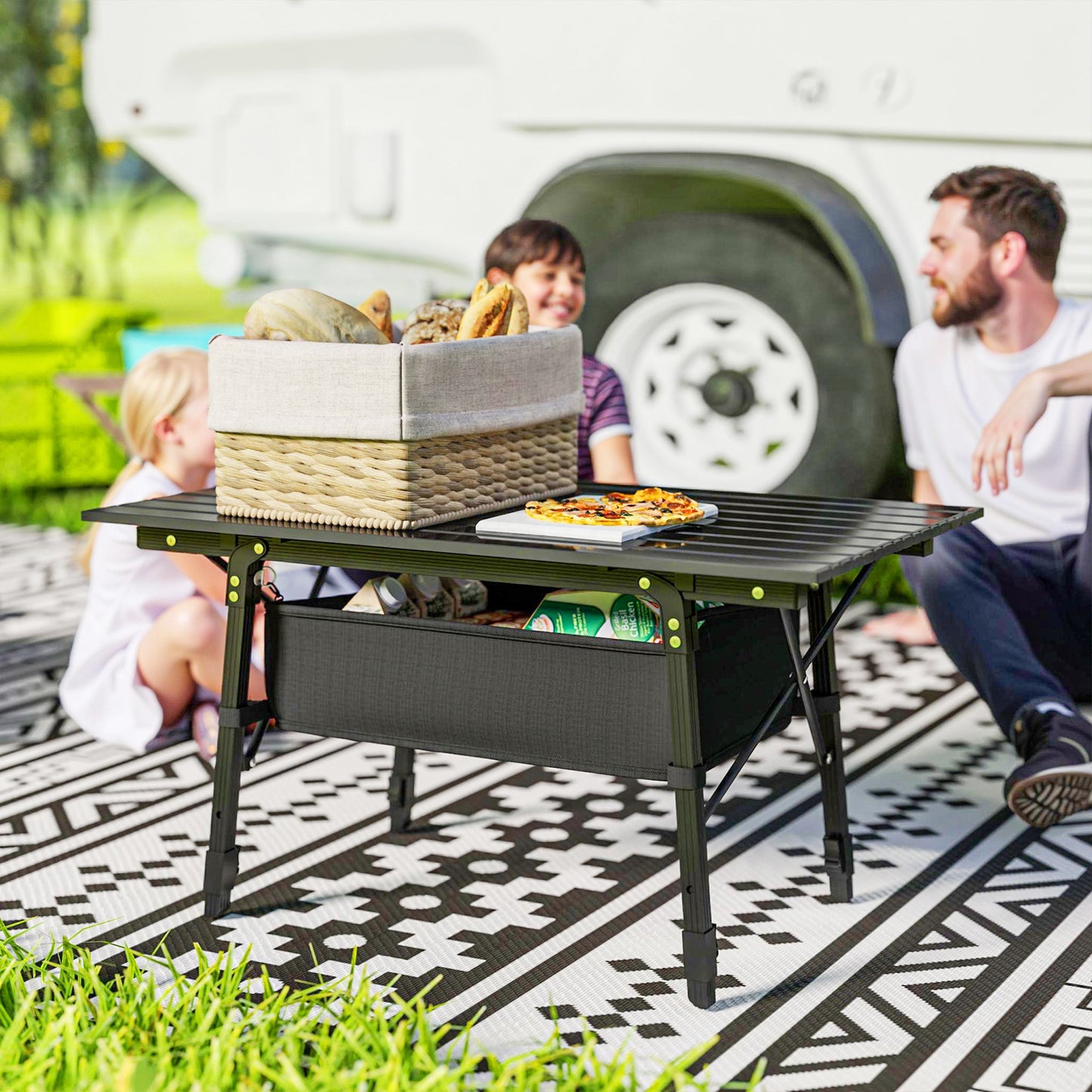 Folding Camping Table w/ Adjustable Height, Storage Basket, Black
