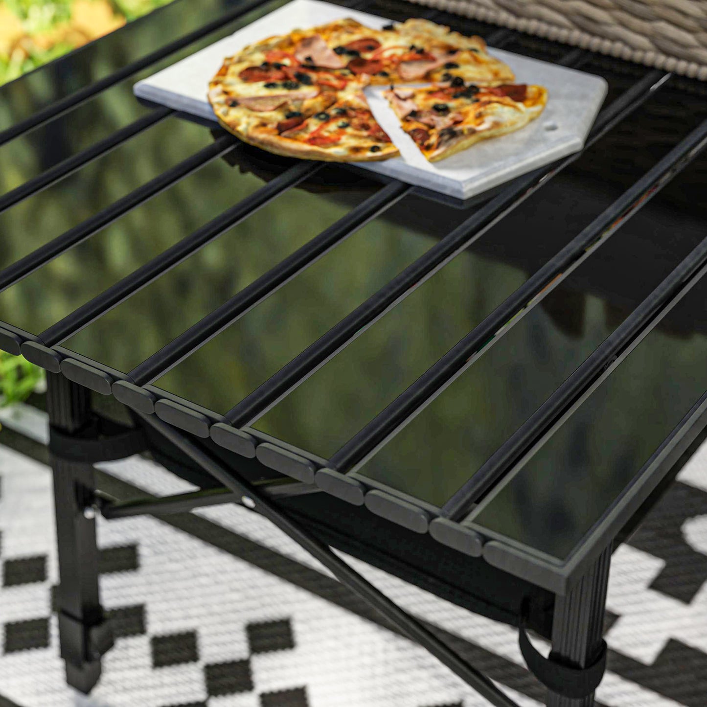Folding Camping Table w/ Adjustable Height, Storage Basket, Black