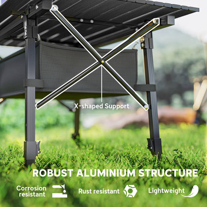 Folding Camping Table w/ Adjustable Height, Storage Basket, Black
