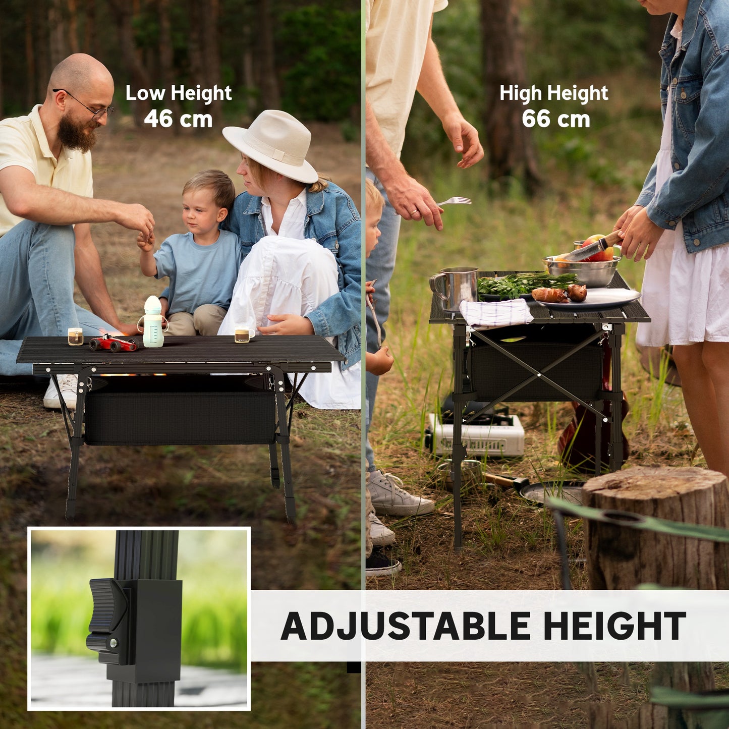 Folding Camping Table w/ Adjustable Height, Storage Basket, Black