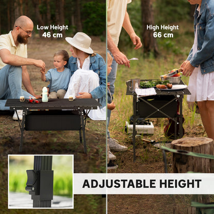 Folding Camping Table w/ Adjustable Height, Storage Basket, Black