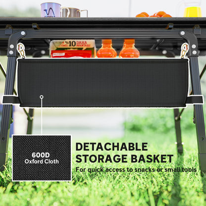 Folding Camping Table w/ Adjustable Height, Storage Basket, Black