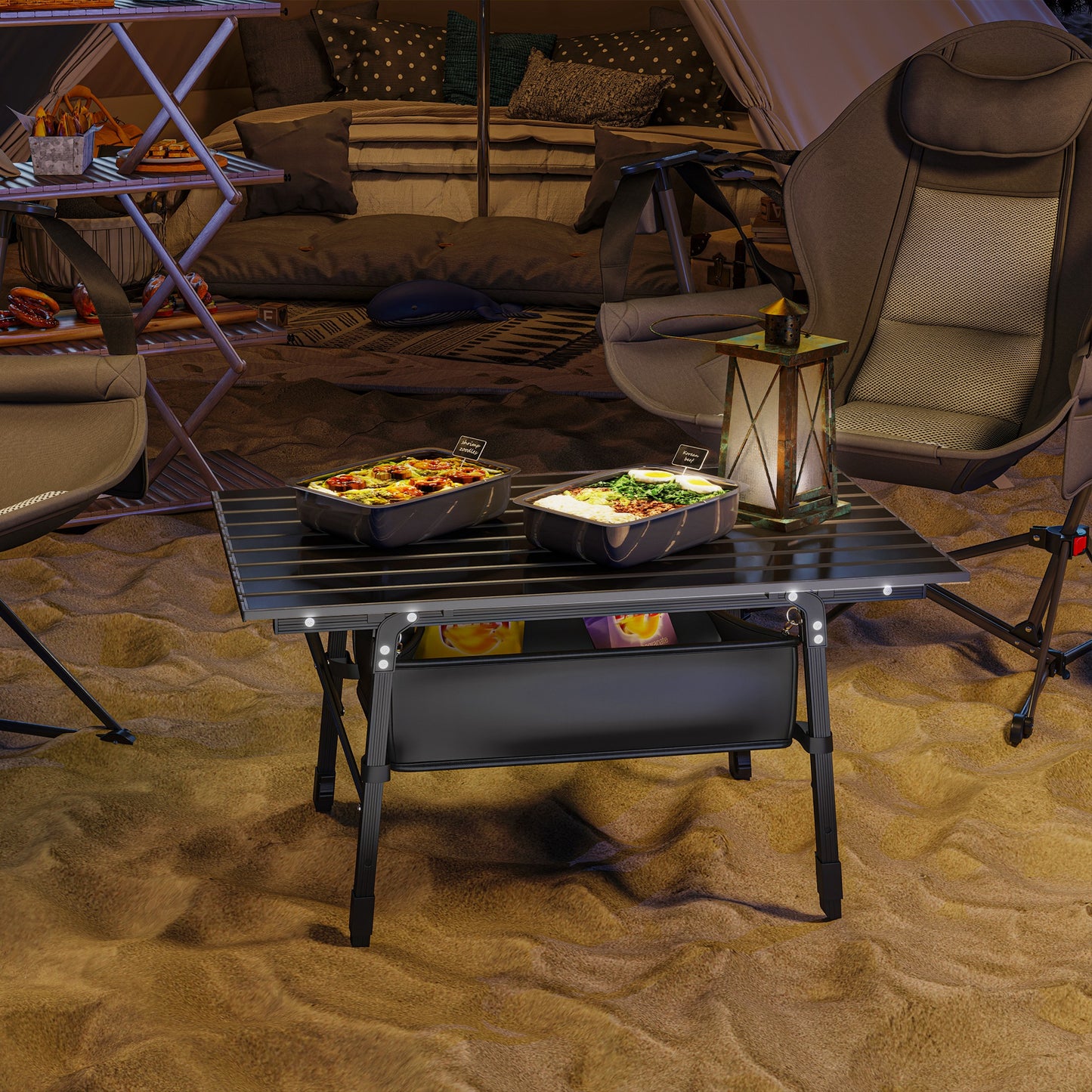 Folding Camping Table w/ Adjustable Height, Storage Basket, Black