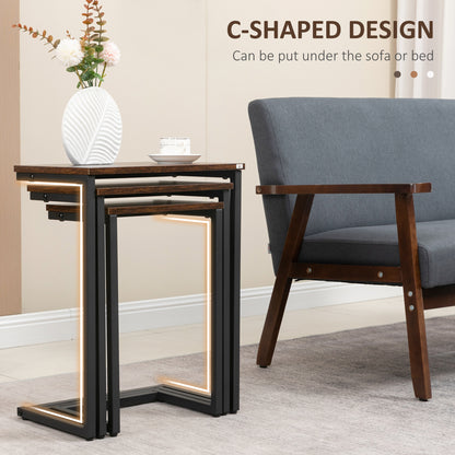 C-Shaped Nesting Tables Set of 3 with Steel Frame, Rustic Brown