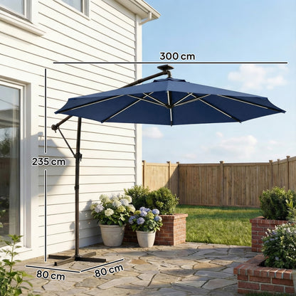 3 m Garden Cantilever Parasol with Solar Light, Rotation, Navy Blue