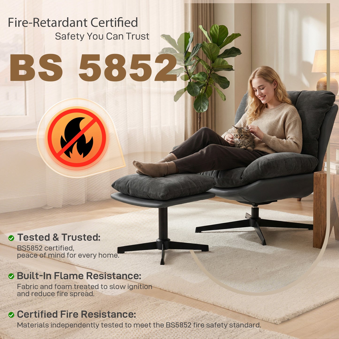 Accent Chair with Footstool, Modern Swivel Lounge Chair, Dark Grey