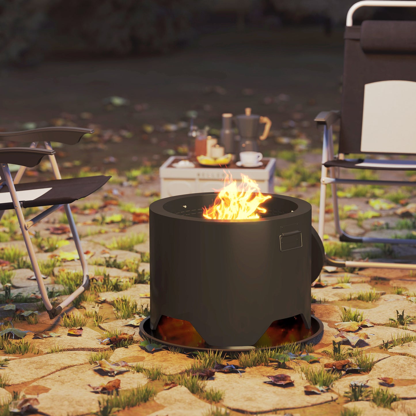 Outdoor Round Fire Pit with Lid, Firepit with Fire Poker, Black