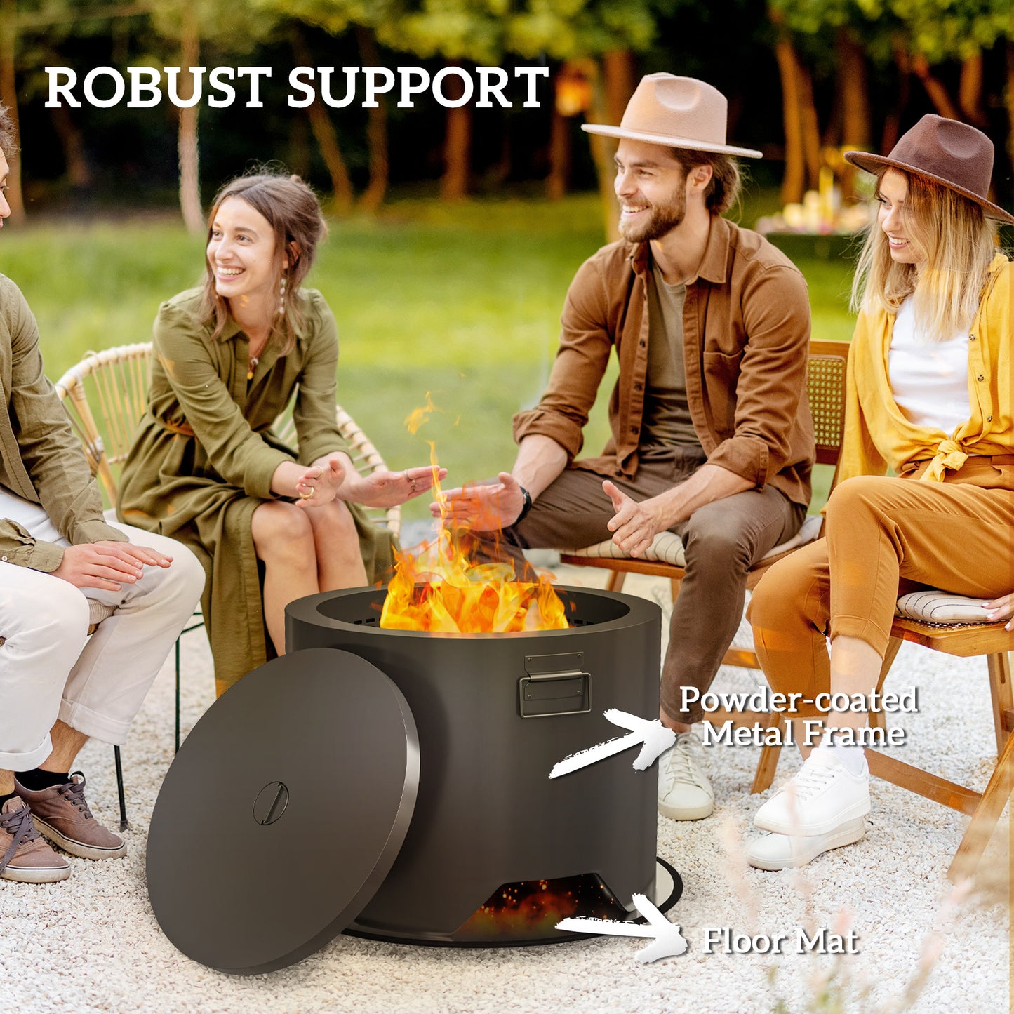 Outdoor Round Fire Pit with Lid, Firepit with Fire Poker, Black