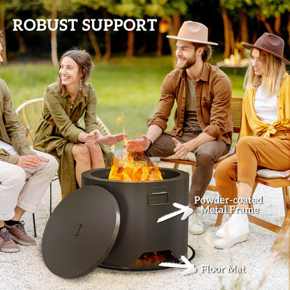 Outdoor Round Fire Pit with Lid, Firepit with Fire Poker, Black