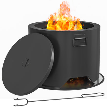 Outdoor Round Fire Pit with Lid, Firepit with Fire Poker, Black