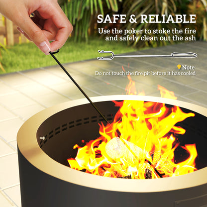 Outdoor Round Fire Pit with Lid, Firepit with Fire Poker, Black