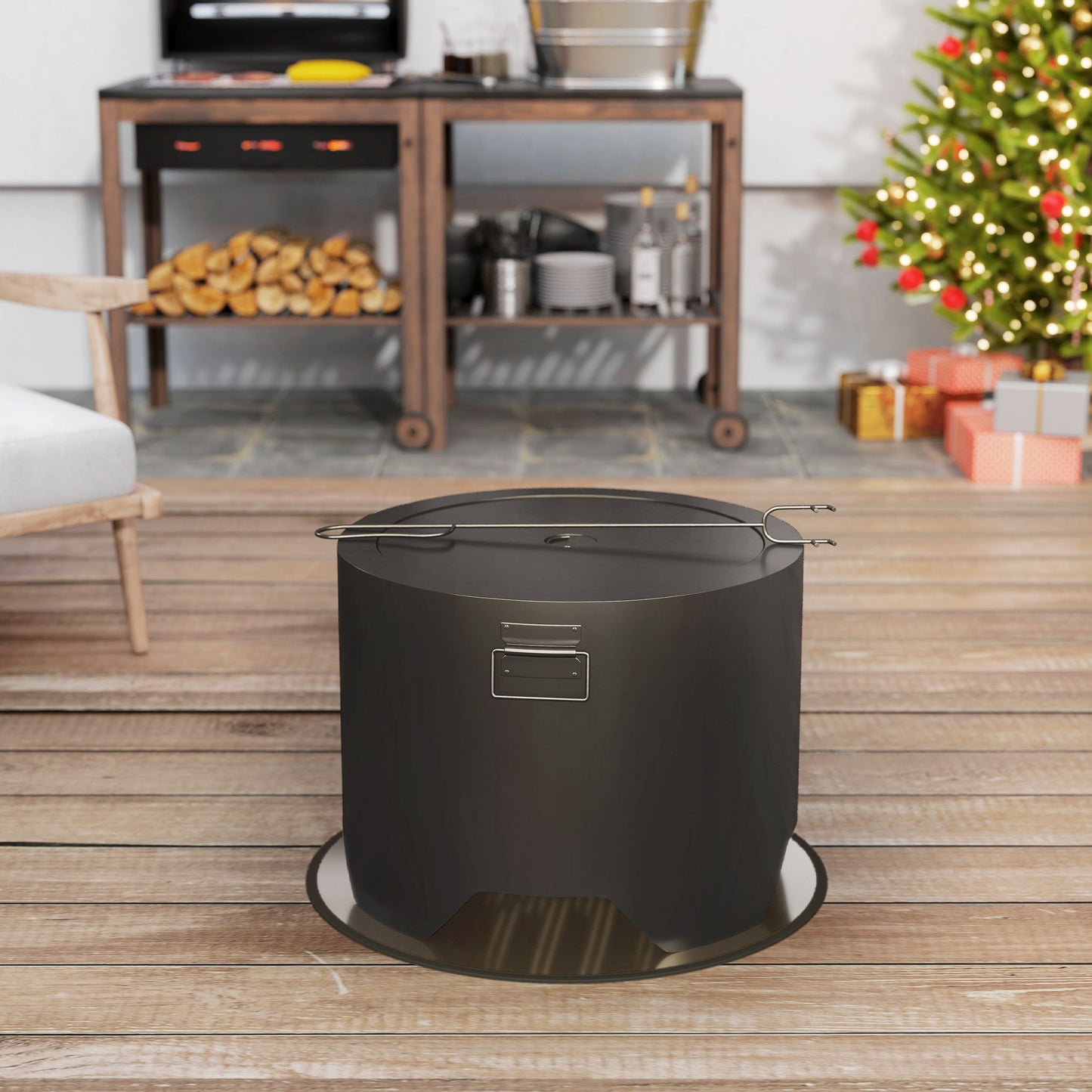 Outdoor Round Fire Pit with Lid, Firepit with Fire Poker, Black